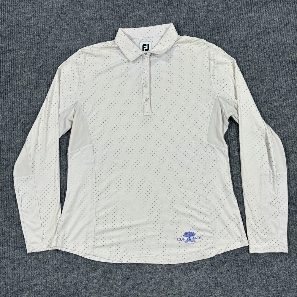 FootJoy Grand Haven Golf Club Womens Polo Shirt L White Polka Dot Long Sleeve